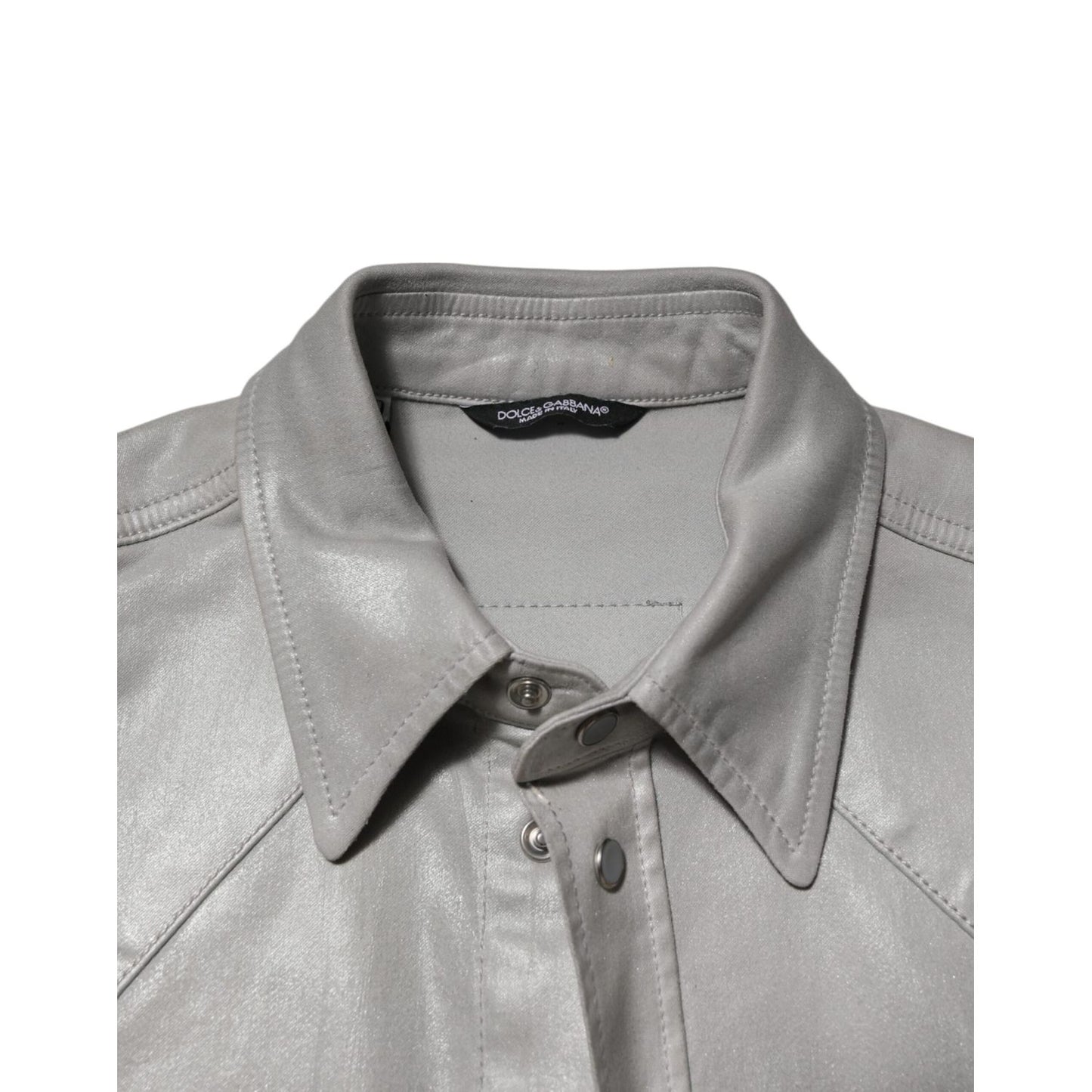 Dolce & Gabbana Gray Coated Cotton Snap Button Logo Men Shirt