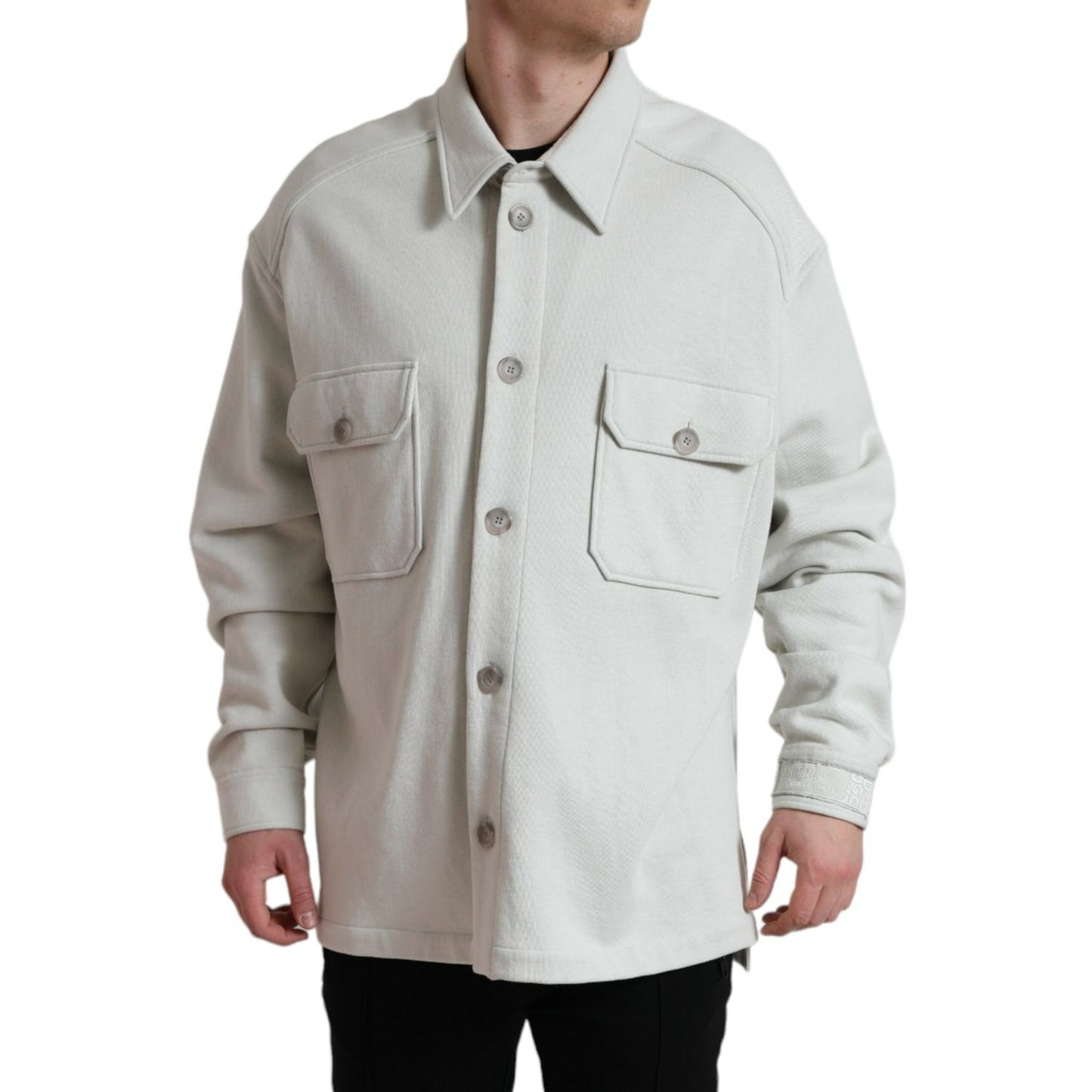 Dolce & Gabbana Grey Cotton Button Down Collared Coat Jacket with floral print on back, full button closure, made in Italy.