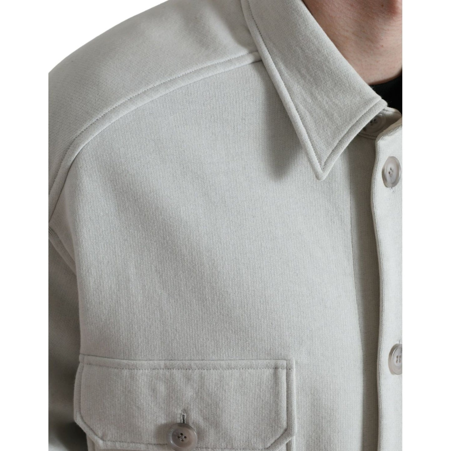 Close-up of Dolce & Gabbana Grey Cotton Button Down Collared Coat Jacket, showing collar and button details.