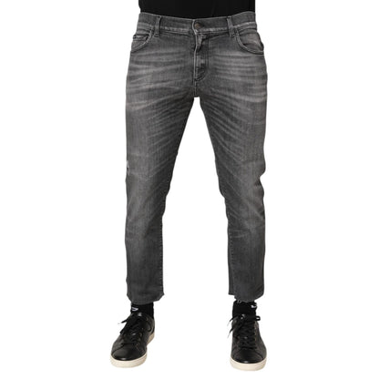 Dolce & Gabbana Grey Cotton Denim Slim Fit Distressed Pants Jeans