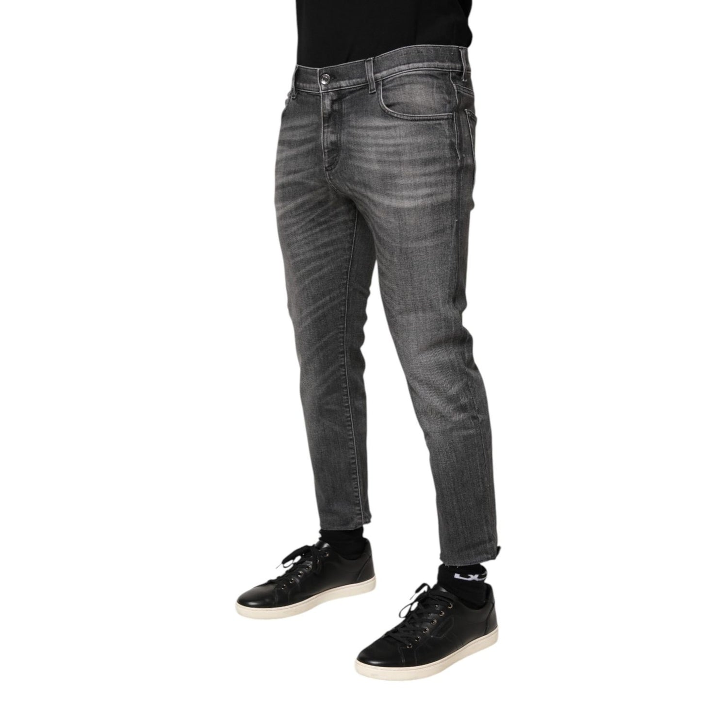 Dolce & Gabbana Grey Cotton Denim Slim Fit Distressed Pants Jeans with subtle distressed details.