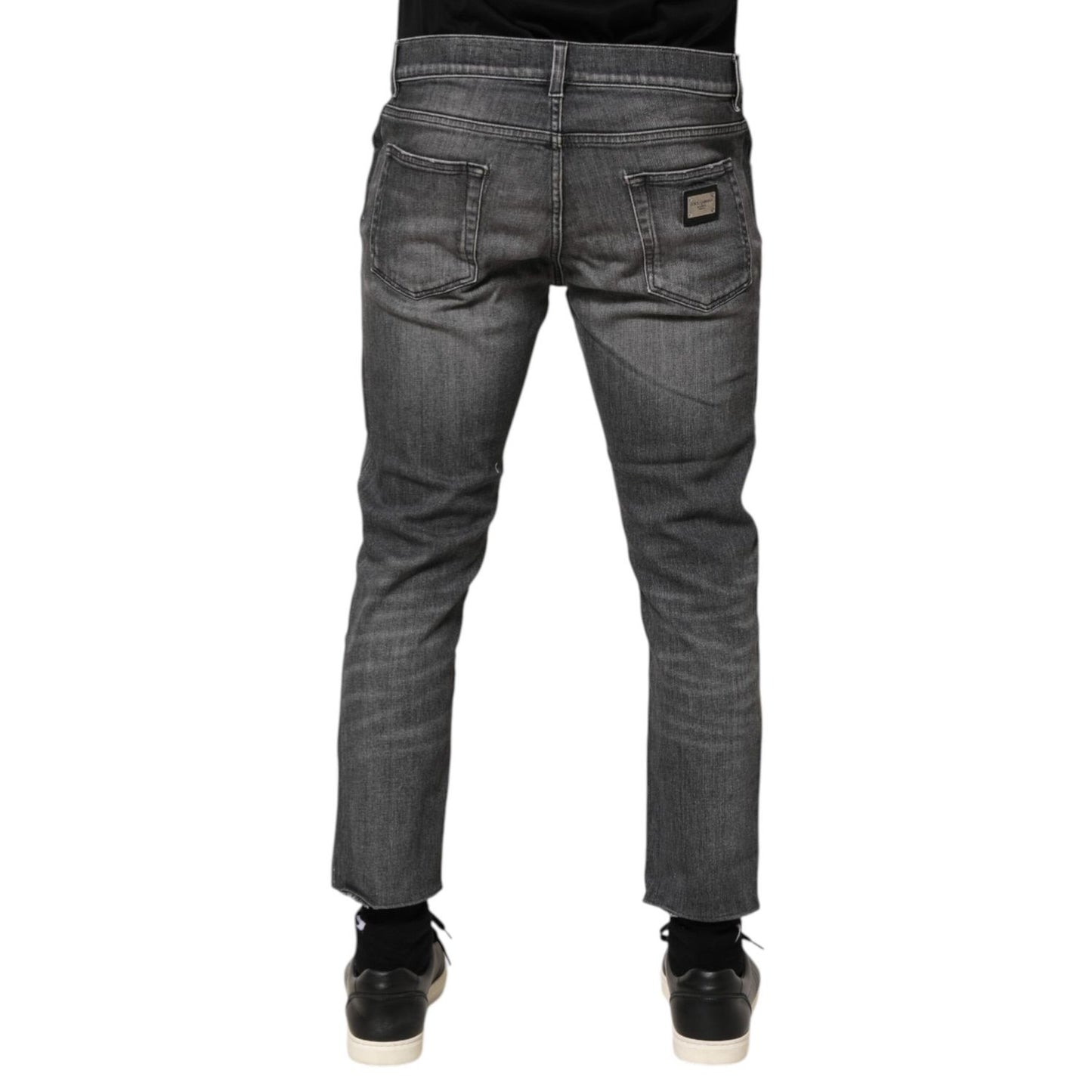 Dolce & Gabbana Grey Cotton Denim Slim Fit Distressed Pants Jeans back view with logo plaque