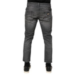 Dolce & Gabbana Grey Cotton Denim Slim Fit Distressed Pants Jeans back view with logo plaque
