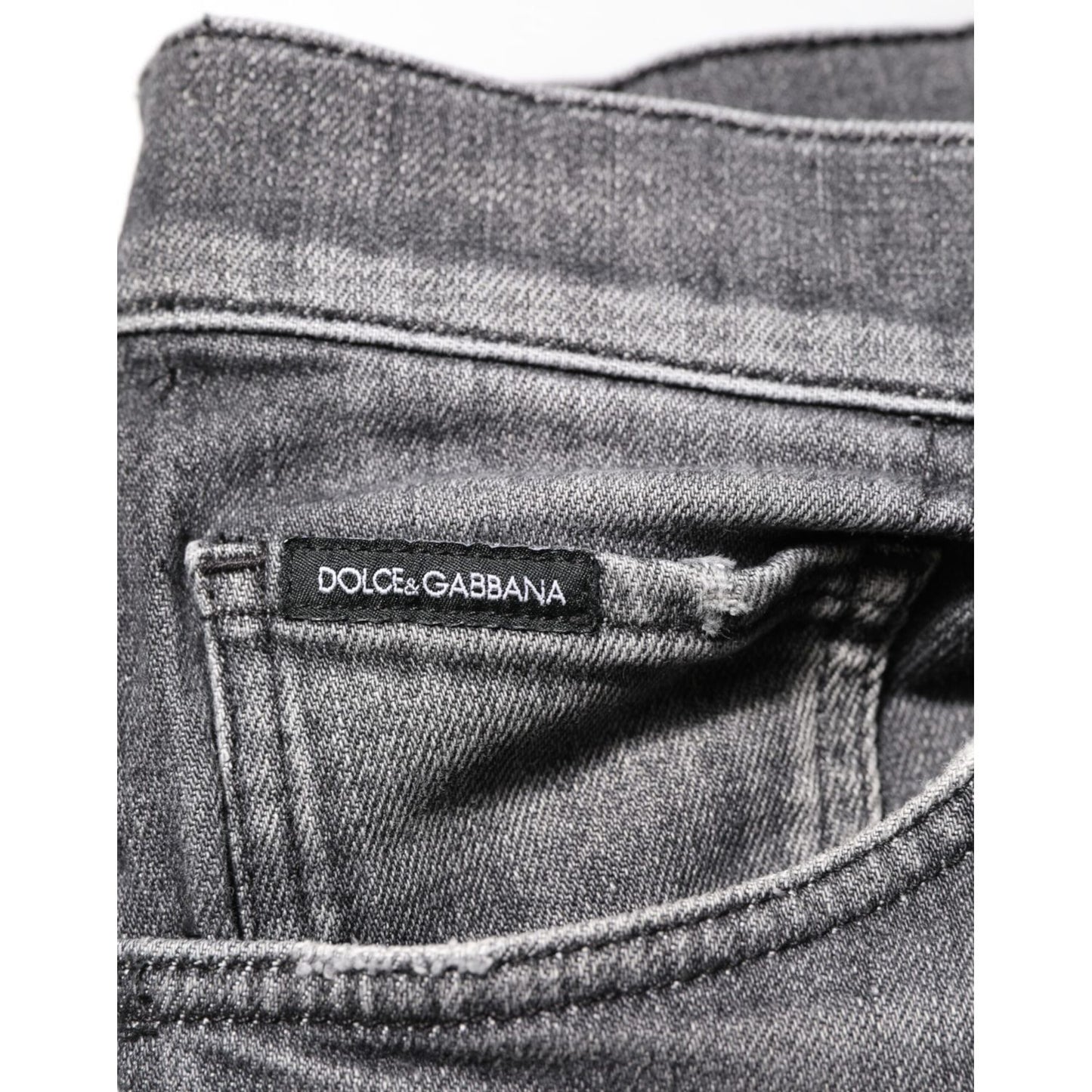 Dolce & Gabbana Grey Cotton Denim Slim Fit Distressed Pants Jeans with logo plaque on back pocket