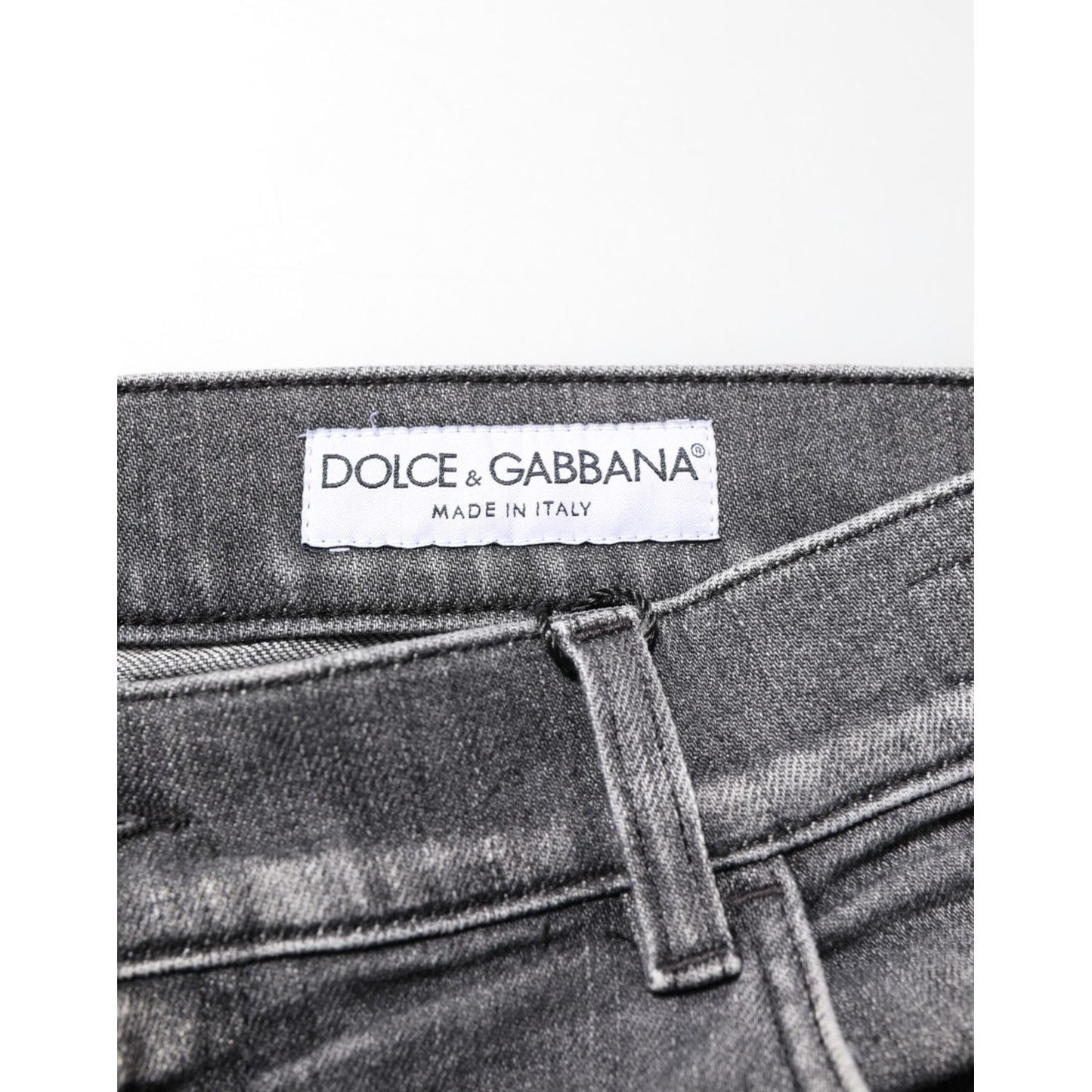 Dolce & Gabbana Grey Cotton Denim Slim Fit Distressed Pants Jeans with brand label, premium Italian design