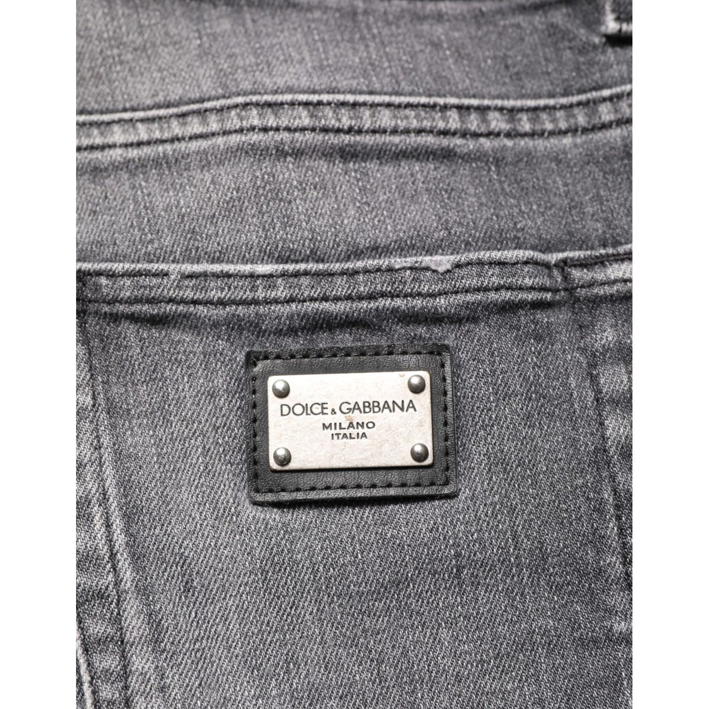 Dolce & Gabbana Grey Cotton Denim Slim Fit Distressed Pants Jeans with signature logo plaque on back pocket