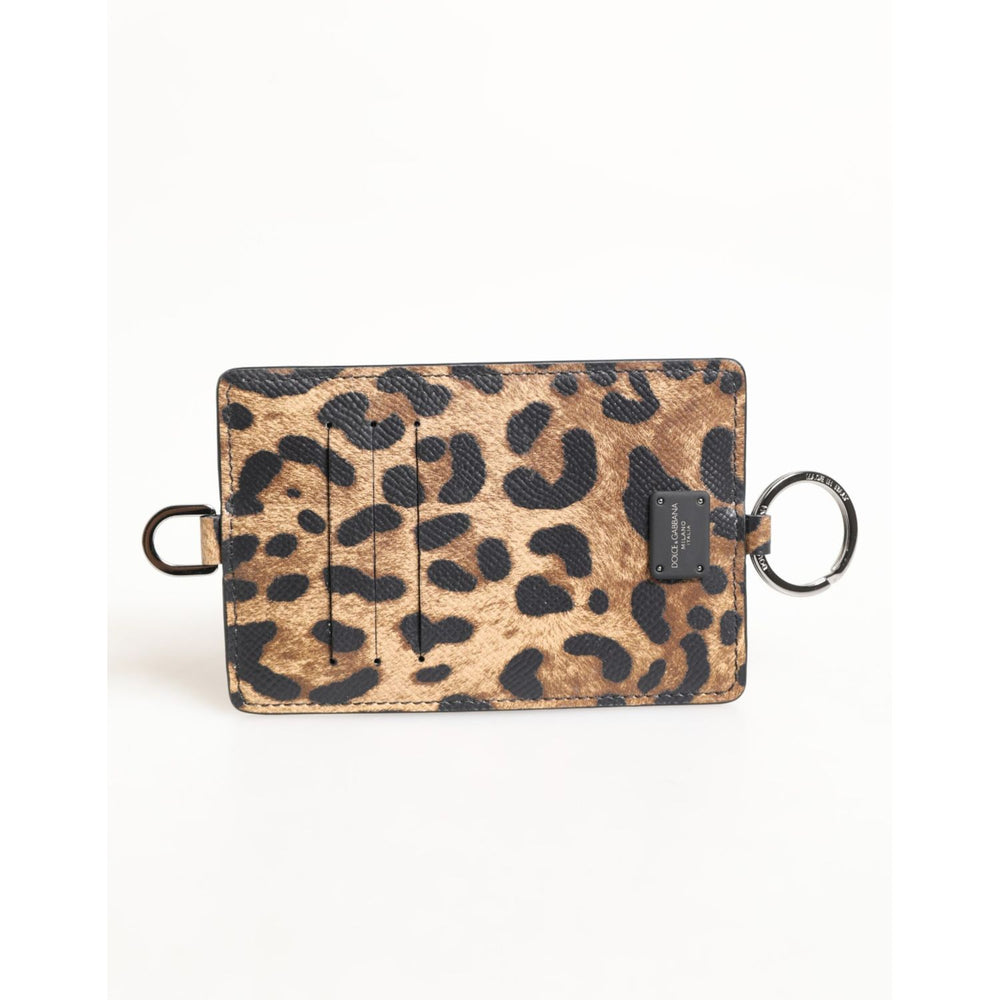 Dolce & Gabbana Leopard Print Leather Embossed Lanyard Card Holder Wallet showcasing a bold leopard design and high-quality calf leather.