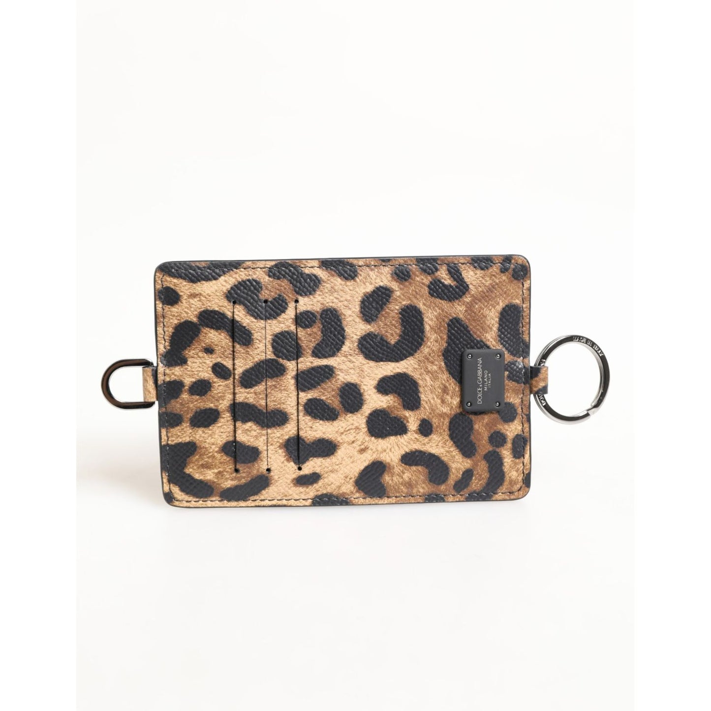 Dolce & Gabbana Leopard Print Leather Embossed Lanyard Card Holder Wallet featuring bold leopard design on calf leather.