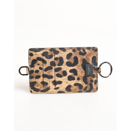 Dolce & Gabbana Leopard Print Leather Embossed Lanyard Card Holder Wallet showcasing a bold leopard design and high-quality calf leather.