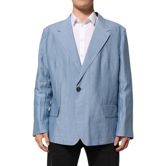 Dolce & Gabbana Light Blue Linen Double Breasted Men Jacket Blazer