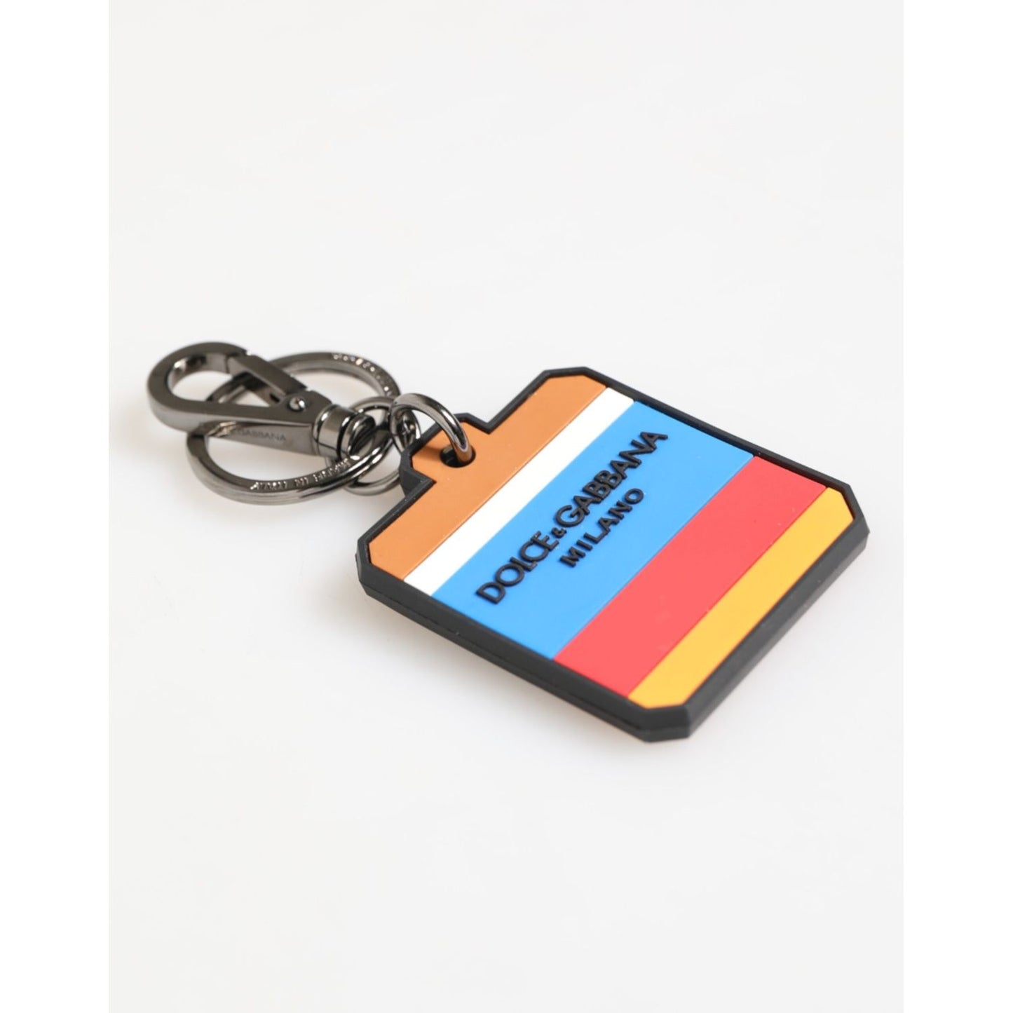 Dolce & Gabbana Multicolor DG Rubber Logo Silver Men's Keychain Keyring with colorful stripes and logo engraving, made in Italy.