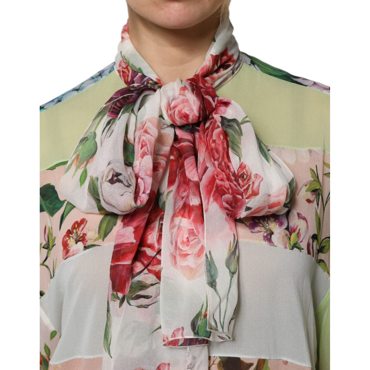 Dolce & Gabbana Multicolor Floral Patchwork Ascot Collar Top