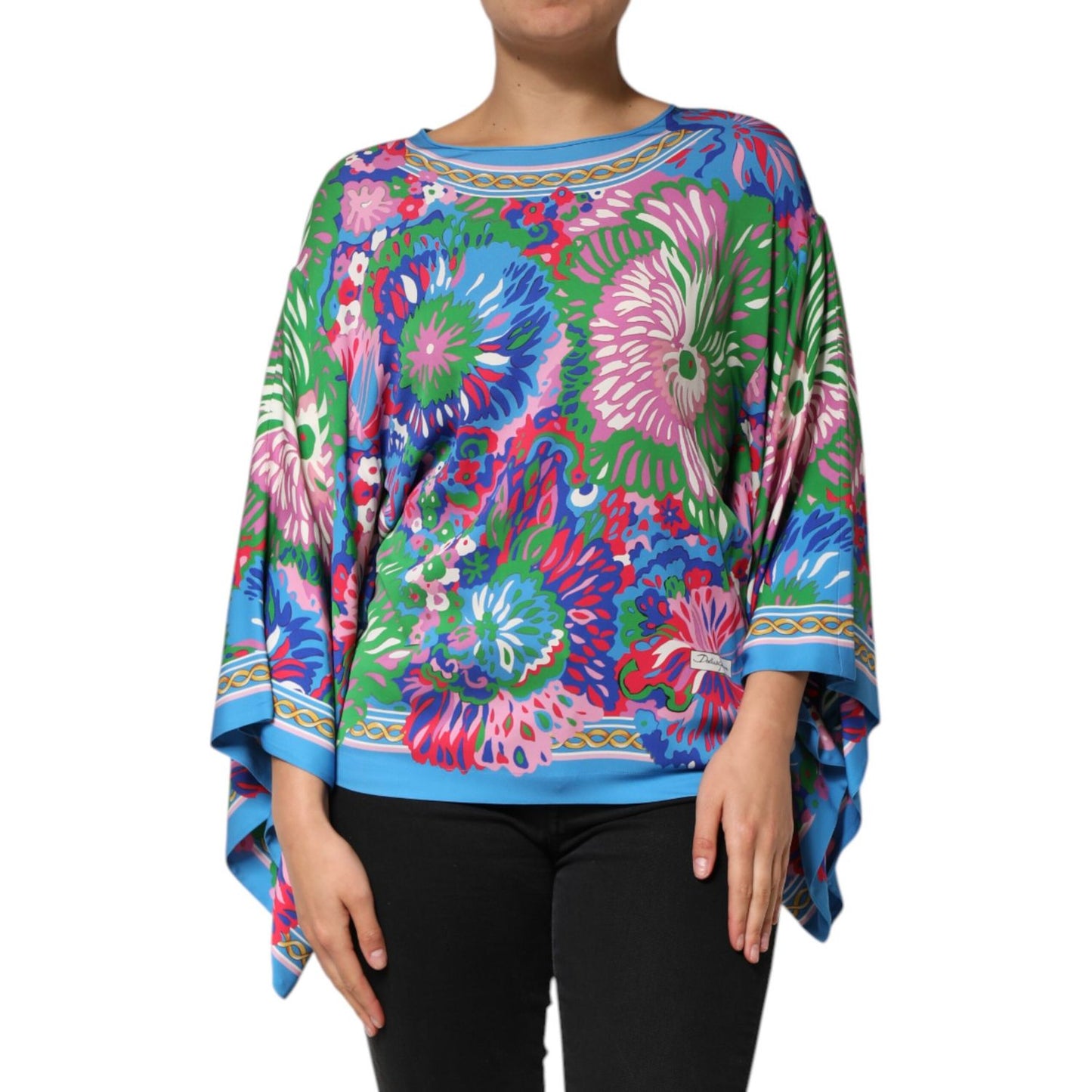 Dolce & Gabbana Multicolor Floral Print Silk Blouse Tunic Top, showcasing vibrant design and elegant drape, worn by a model.