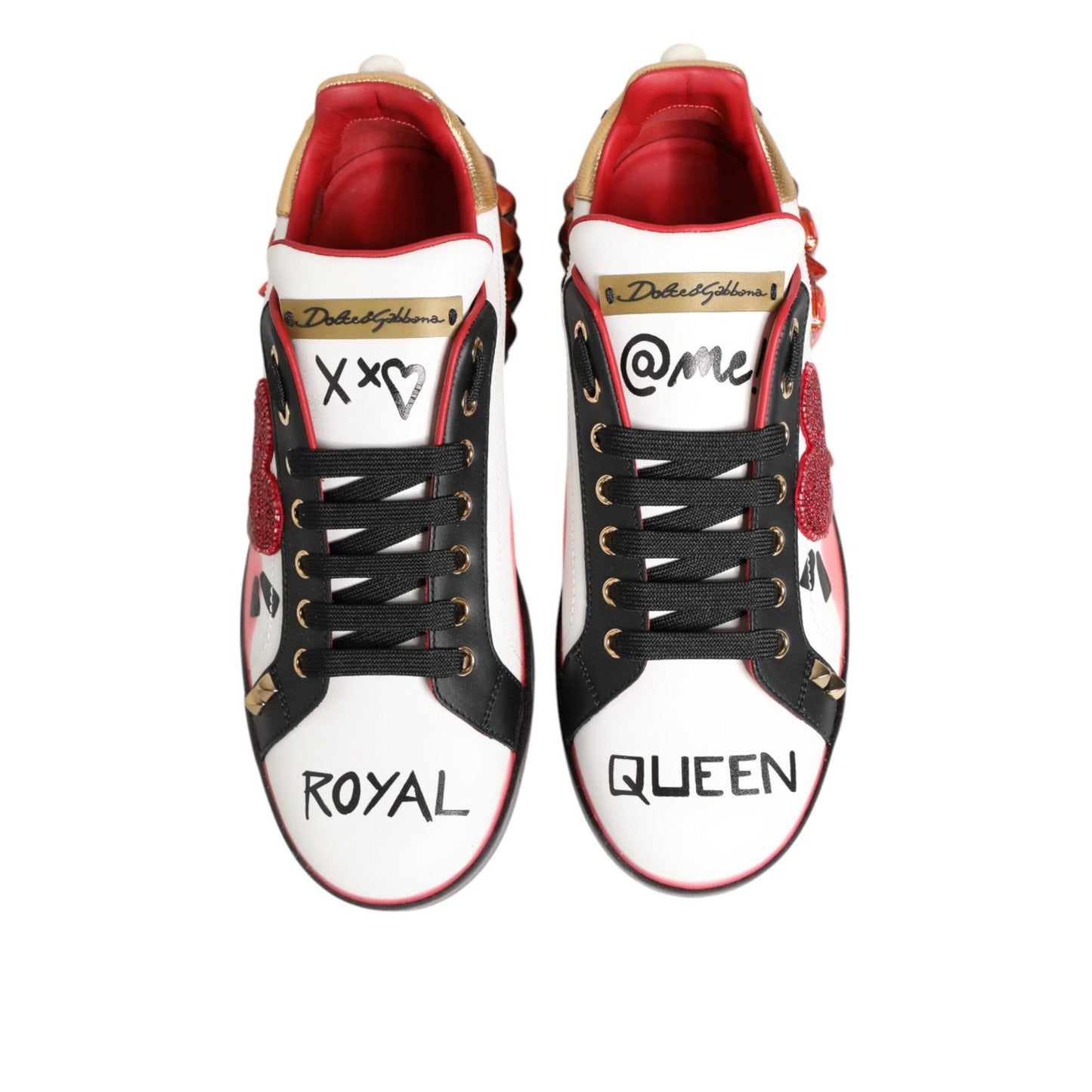 Dolce & Gabbana Multicolor Portofino Low Top Sneakers Shoes with bold designs, featuring 'Royal' and 'Queen' text on a white base.
