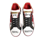 Dolce & Gabbana Multicolor Portofino Low Top Sneakers Shoes with bold designs, featuring 'Royal' and 'Queen' text on a white base.
