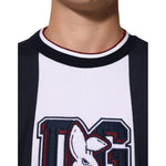 Close-up of Dolce & Gabbana Multicolor Striped Cotton Men Crew Neck T-shirt showing logo and collar detail.