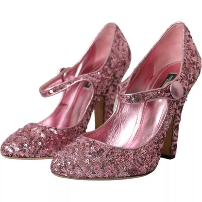 Dolce & Gabbana Pink Sequin Mary Jane Pumps High Heels Shoes with elegant pink sequins and leather sole, crafted in Italy.