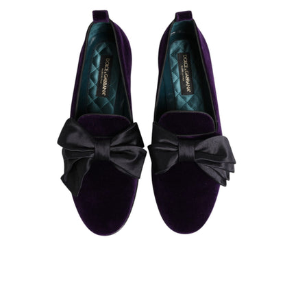 Dolce & Gabbana Purple Suede Cotton Bow Slip On Loafers Shoes