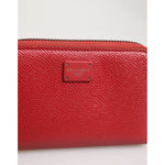 Dolce & Gabbana Red Leather Zip Around Logo Plaque Men Coin Purse Wallet with silver-tone plaque and zipper