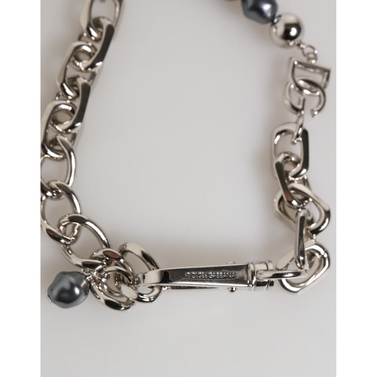Dolce & Gabbana Silver Tone Chain Lobster Clasp Logo Gray Pearls Bracelet