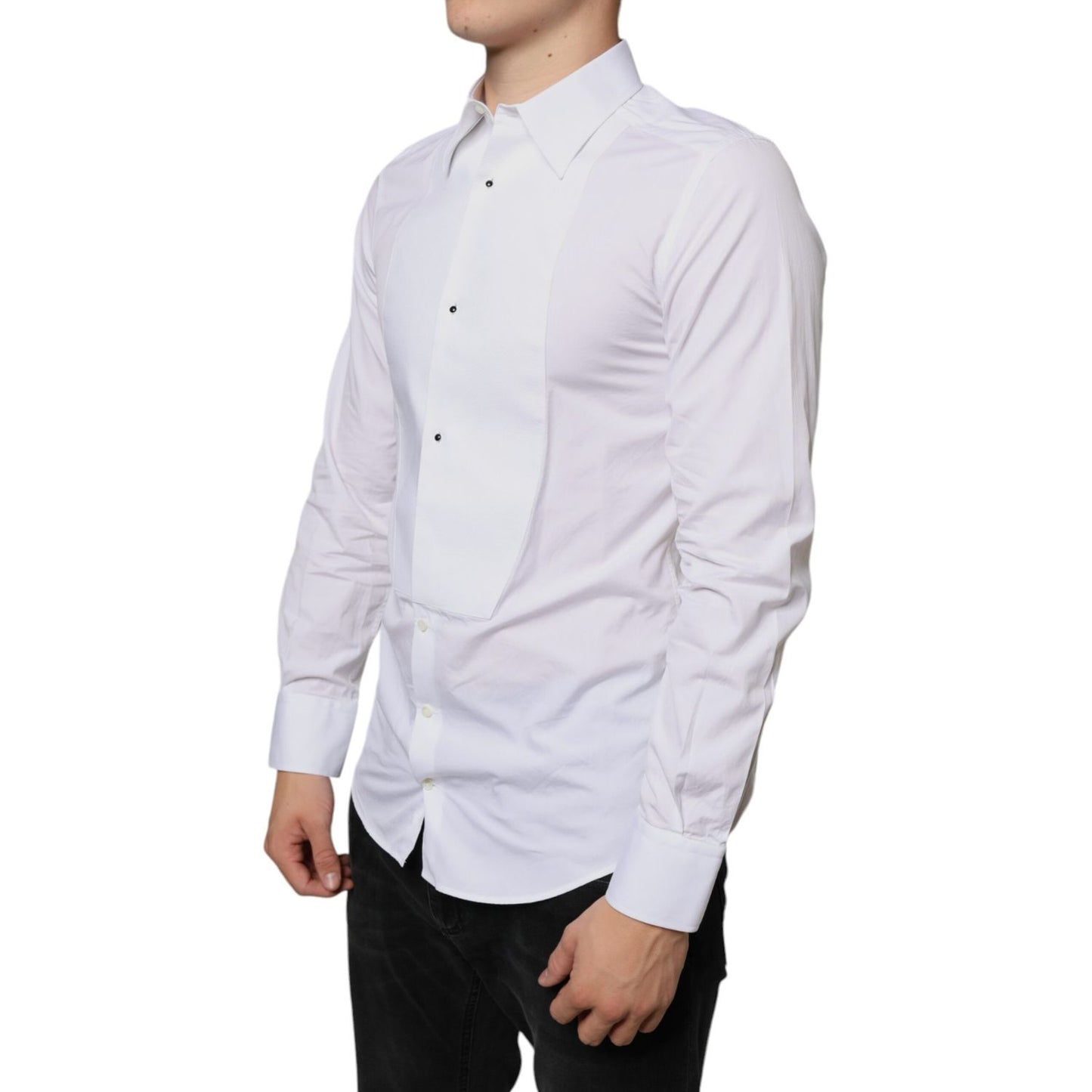 Man wearing a Dolce & Gabbana White Bib Cotton Poplin Formal Dress Shirt with contrasting buttons and slim fit, made in Italy.