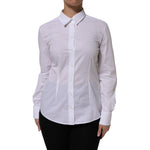 Dolce & Gabbana White Collared Long Sleeves Dress Shirt Top on model showcasing sleek silhouette and Italian elegance.