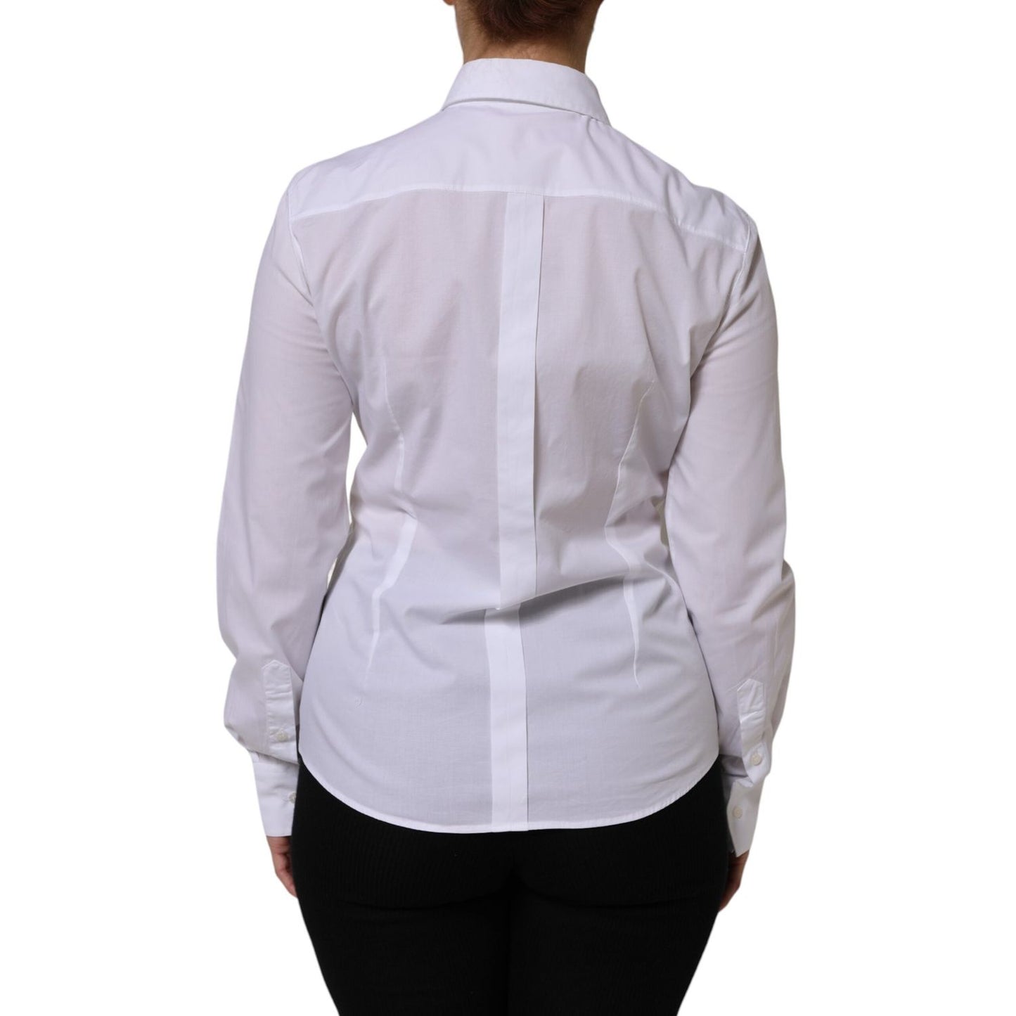 Dolce & Gabbana White Collared Long Sleeves Dress Shirt Top, crisp white cotton, elegant back view, perfect for formal occasions