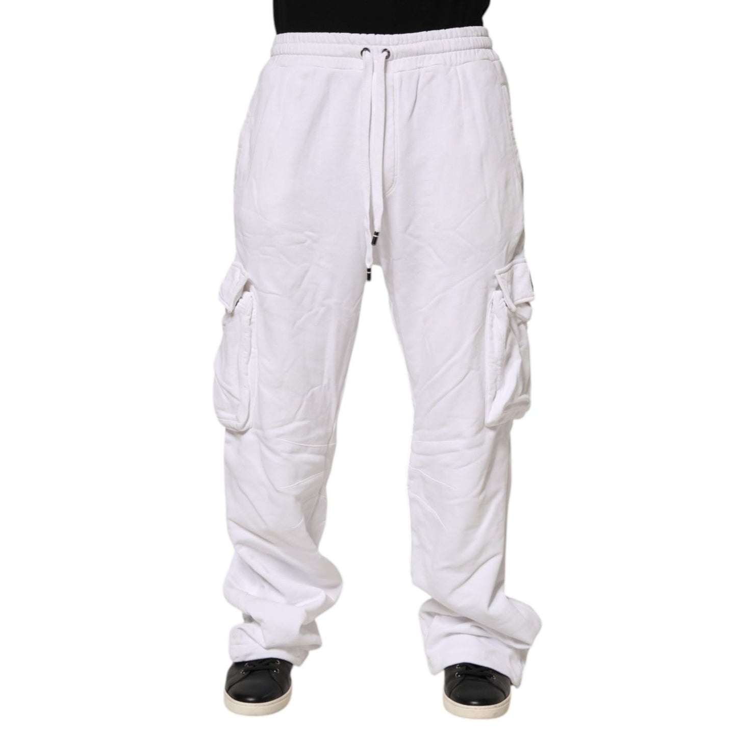 Dolce & Gabbana White Cotton Cargo Trousers Logo Patch Pants featuring utility pockets and drawstring waist.