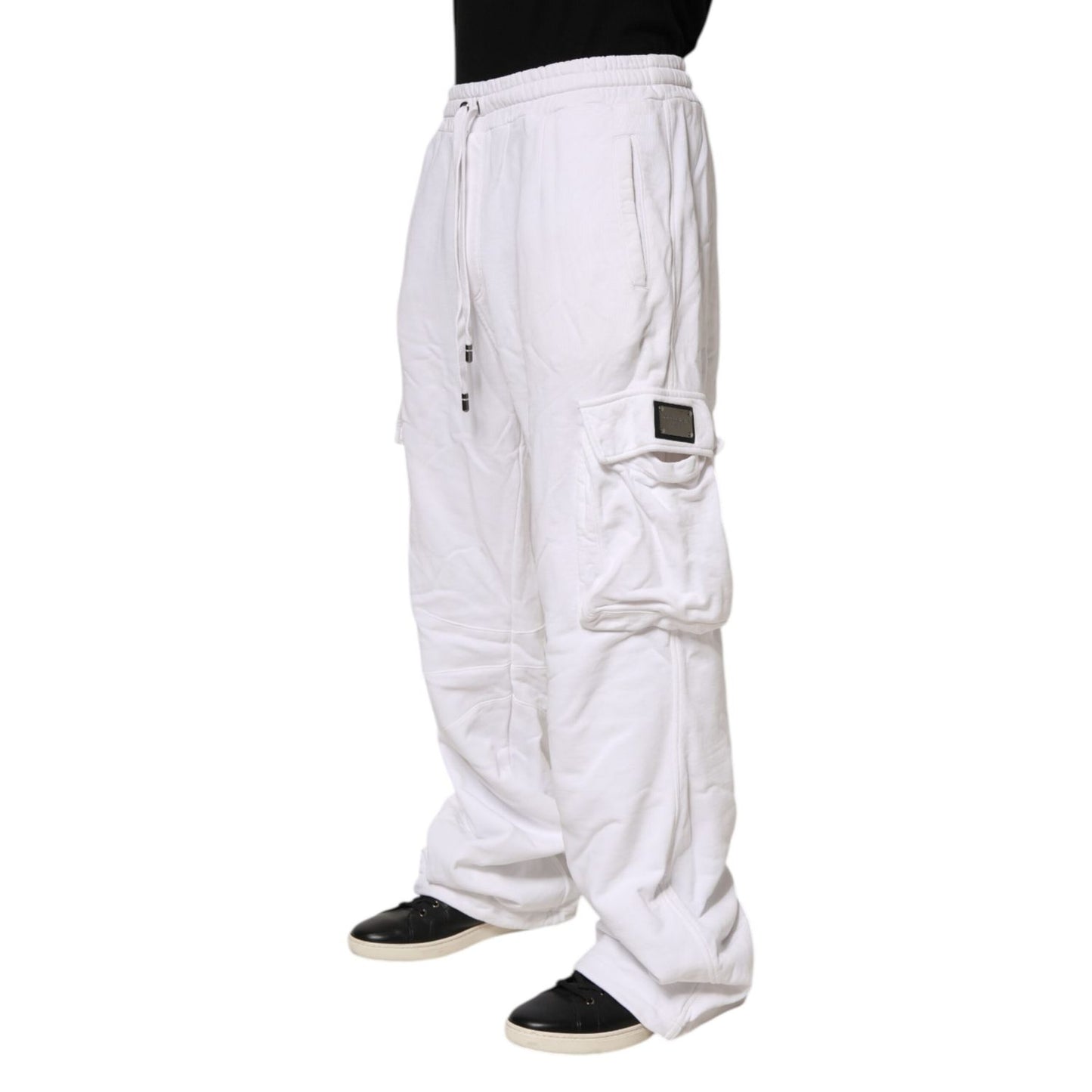 Dolce & Gabbana White Cotton Cargo Trousers Logo Patch Pants with utility pockets and drawstring waist, crafted in Italy for comfort and style.