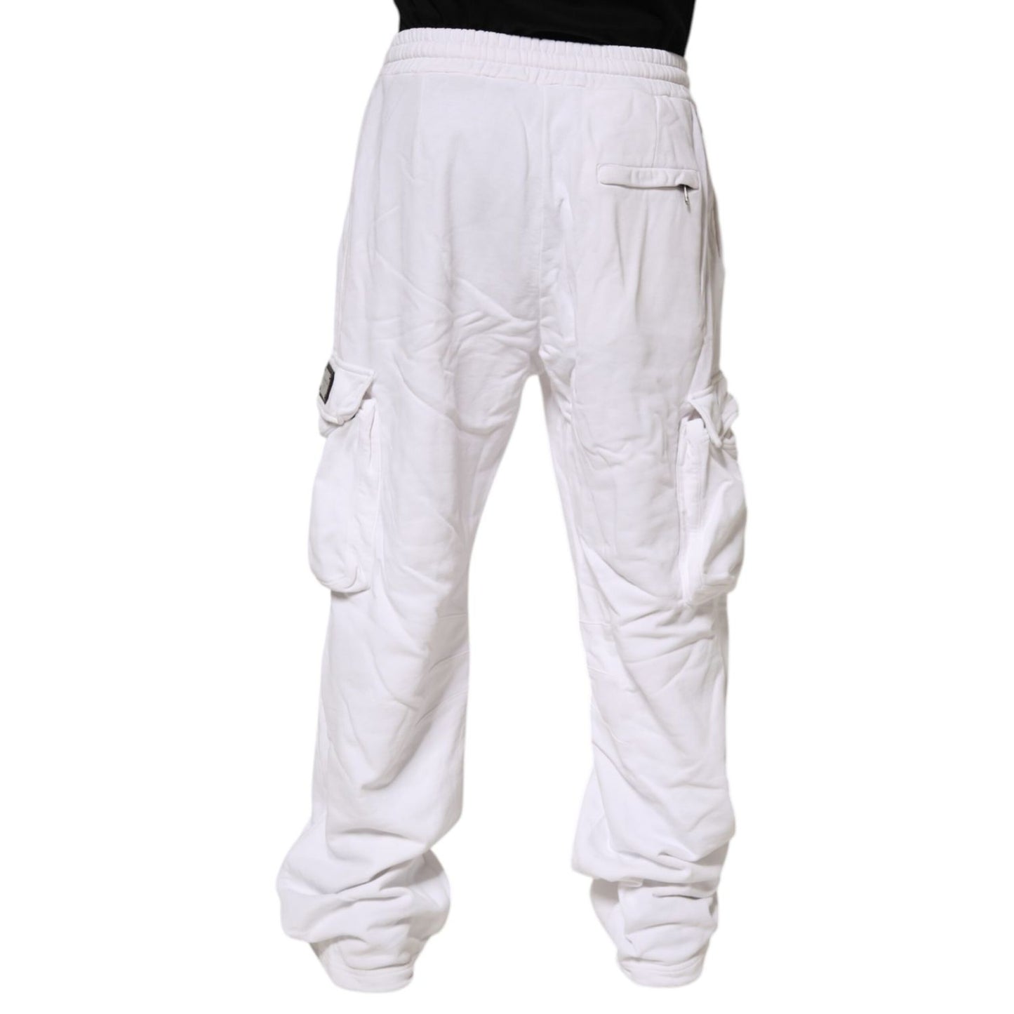 Alt Tag: Dolce & Gabbana White Cotton Cargo Trousers Logo Patch Pants with drawstring waist and multiple utility pockets.