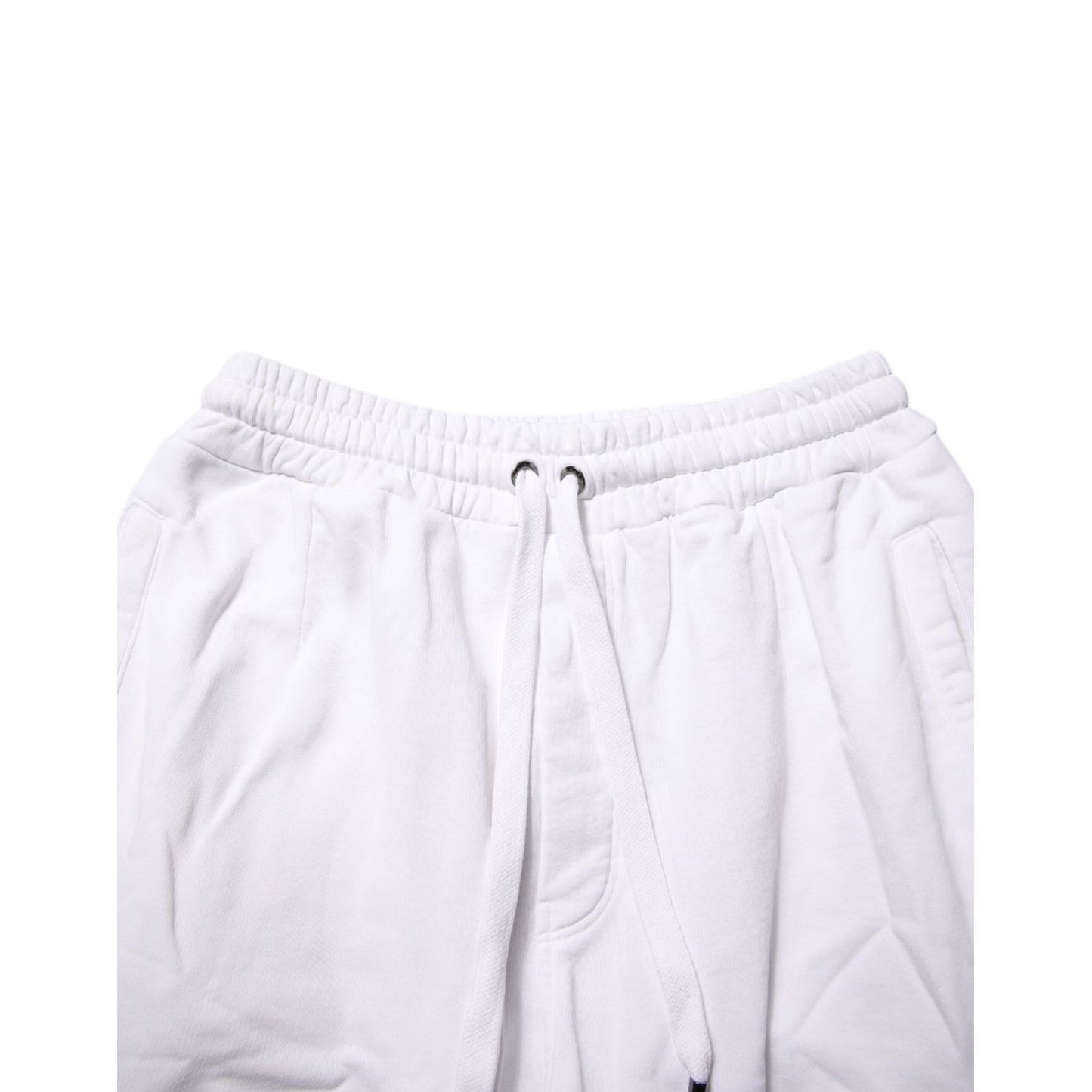 Dolce & Gabbana White Cotton Cargo Trousers Logo Patch Pants featuring elastic drawstring waist and utility pockets.