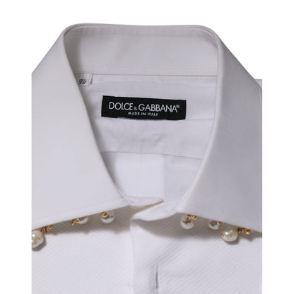 Dolce & Gabbana White Cotton DG Logo Pearl Chain Formal Shirt