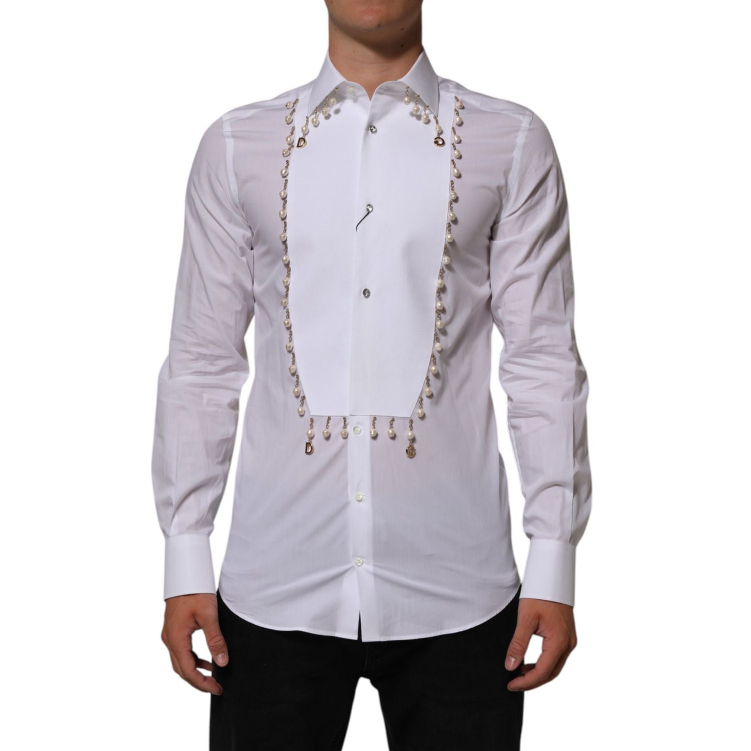 Dolce & Gabbana White Cotton DG Logo Pearl GOLD Formal Shirt