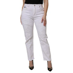Woman wearing Dolce & Gabbana White Cotton Tattered BOYFRIEND Denim Jeans, showcasing relaxed fit and straight leg style.