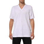 Dolce & Gabbana White Cotton V-Neck Short Sleeves T-shirt modeled, showcasing its classic design and regular fit.