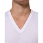 Dolce & Gabbana White Cotton V-Neck Short Sleeves T-shirt on model, showcasing classic neckline and soft cotton fabric.