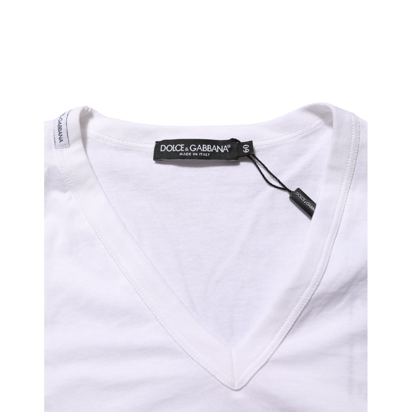 Dolce & Gabbana White Cotton V-Neck Short Sleeves T-shirt with label view