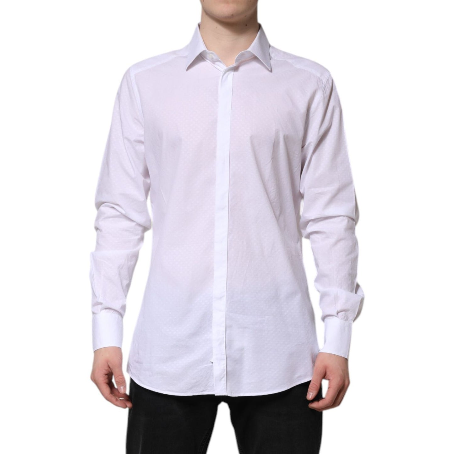 Dolce & Gabbana White GOLD Cotton Long Sleeves Formal Shirt with classic neck and button closure, slim fit, made in Italy.