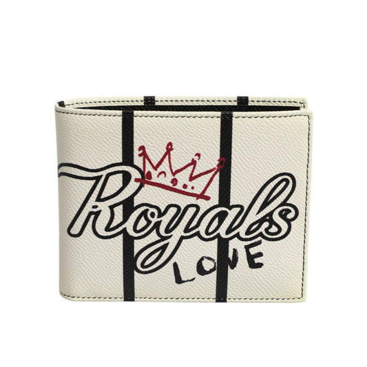 Dolce & Gabbana White Leather DG Crown Royals Bifold Card Holder Wallet with graphic print and royal motif for luxurious style.