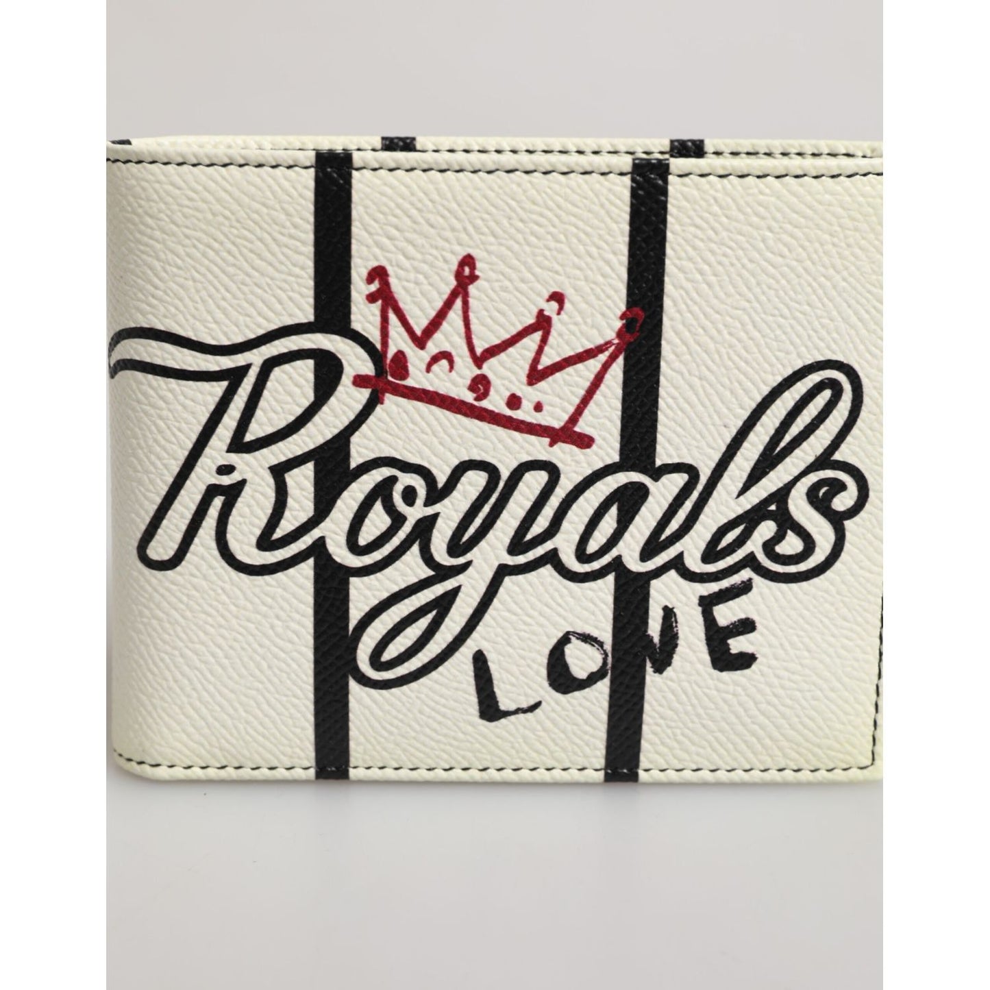 Dolce & Gabbana White Leather DG Crown Royals Bifold Card Holder Wallet with regal graphic print and luxury design.