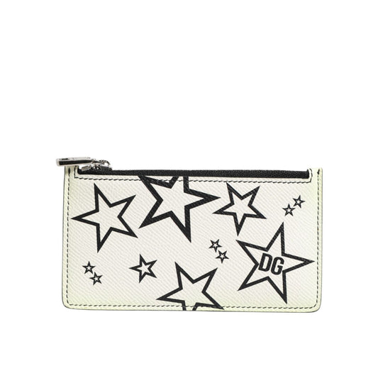 Dolce & Gabbana White Leather Douphin DG Logo Star Print Card Holder Wallet with black star graphics and zipper fastening