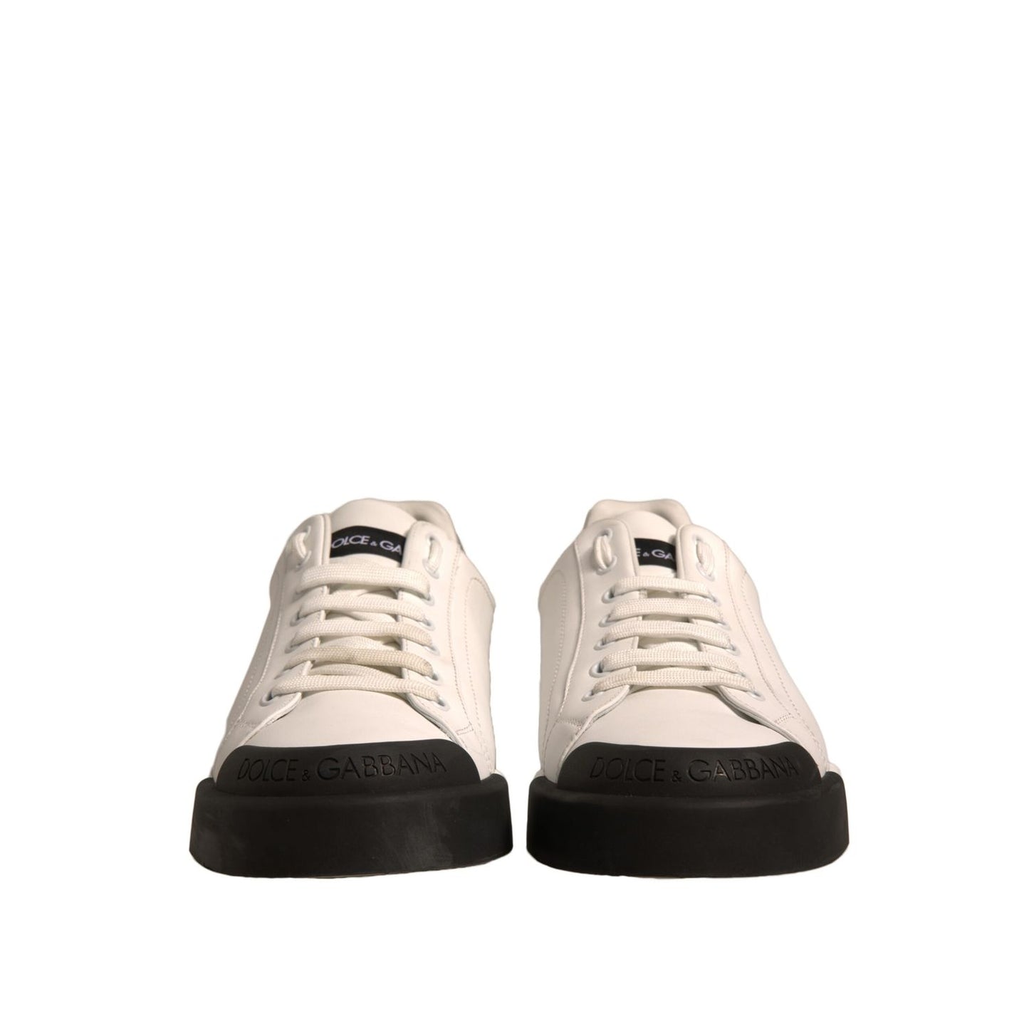 Dolce & Gabbana White Leather Logo Portofino Sneakers Shoes with black rubber sole, featuring lace-up closure, made in Italy.