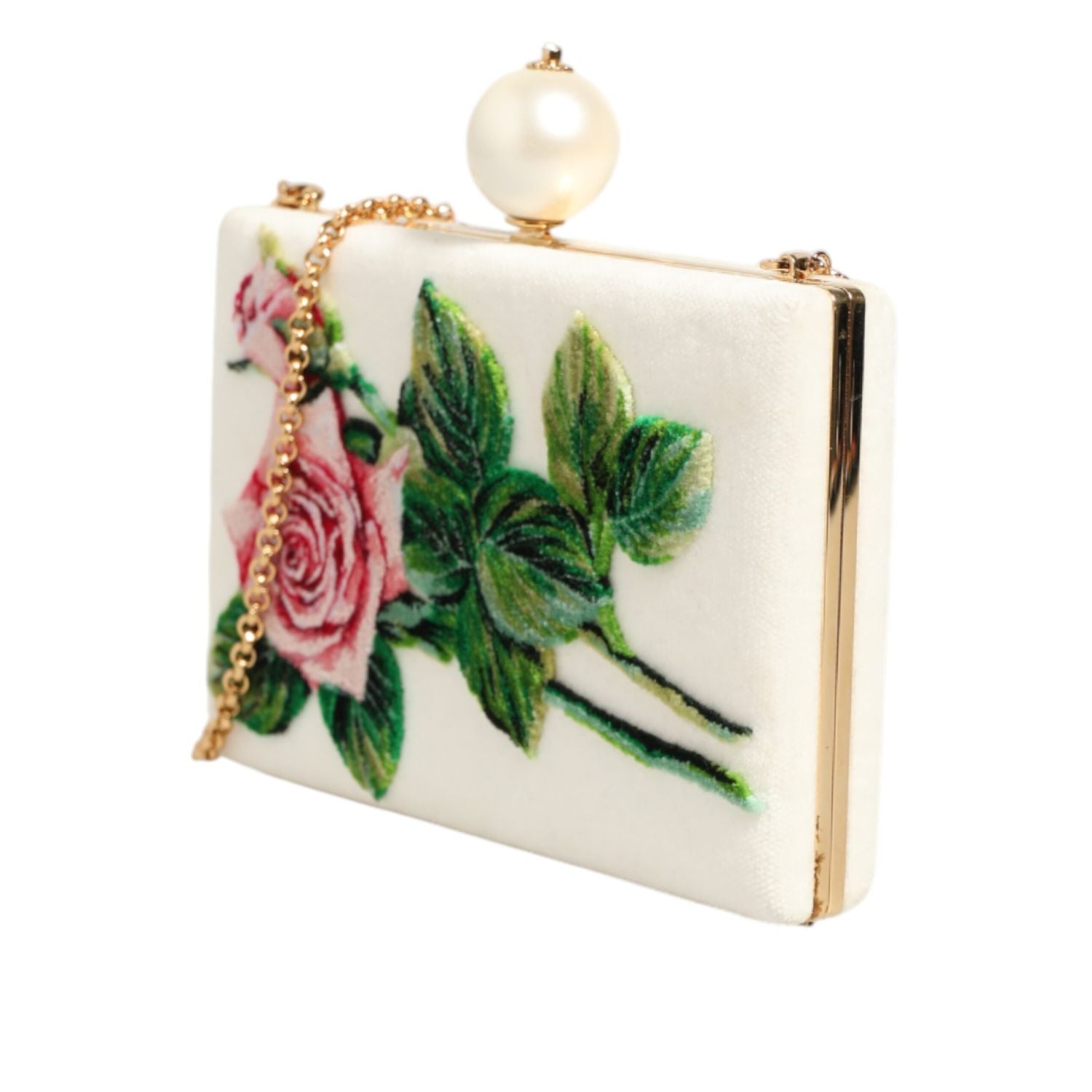 Dolce & Gabbana White Rose Embroidery Silk Gold Frame Clutch Purse Bag