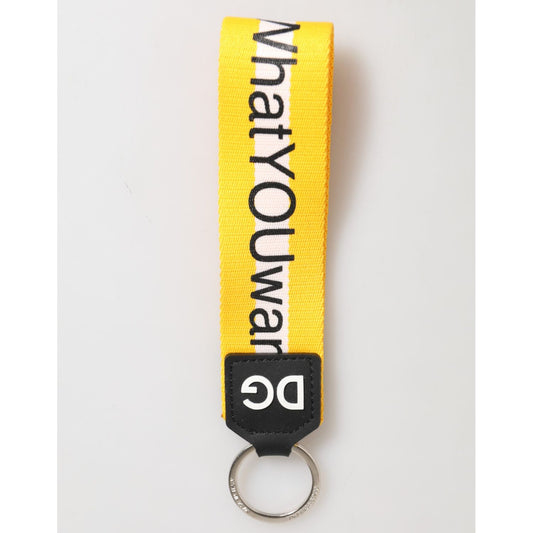 Dolce & Gabbana Yellow Logo Polyester Silver Brass Holder Keychain Keyring with DG branding and yellow strap