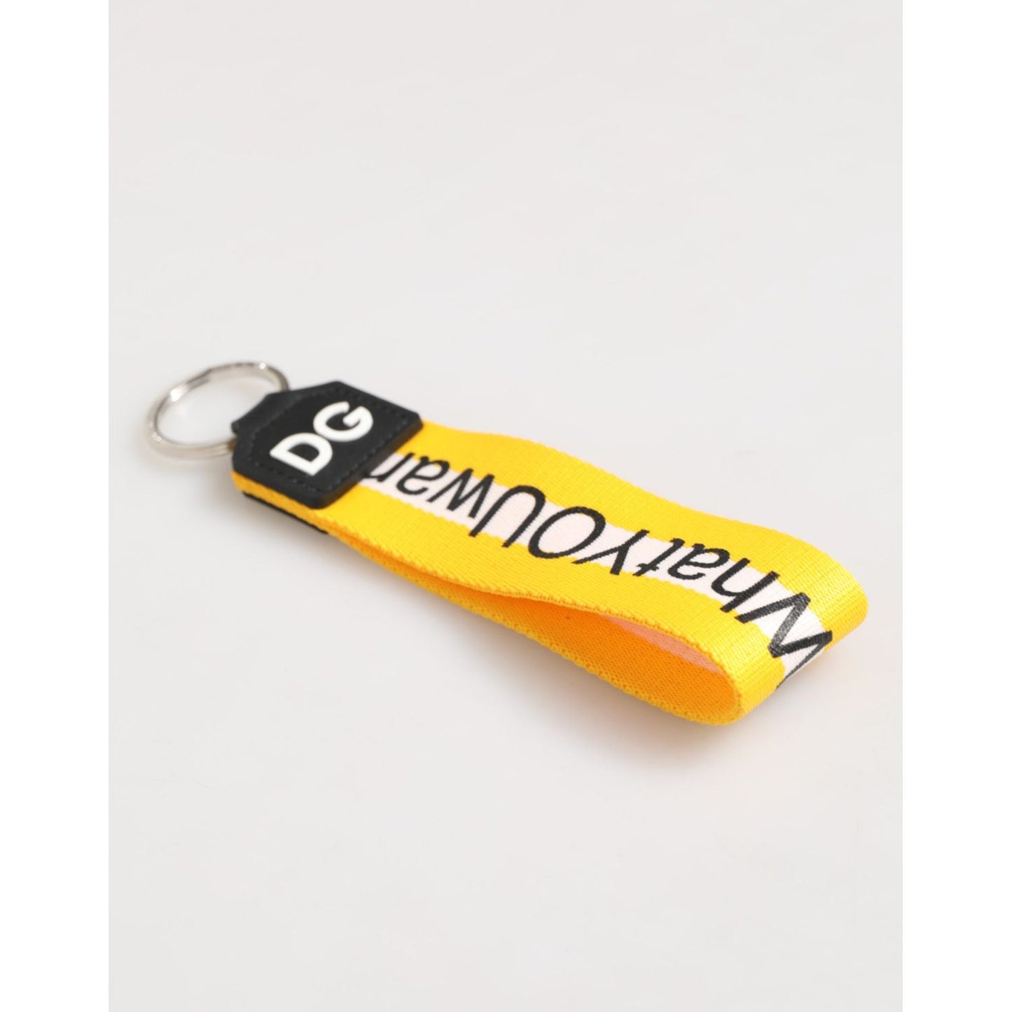 Dolce & Gabbana Yellow Logo Polyester Silver Brass Holder Keychain Keyring with DG branding on yellow strap.