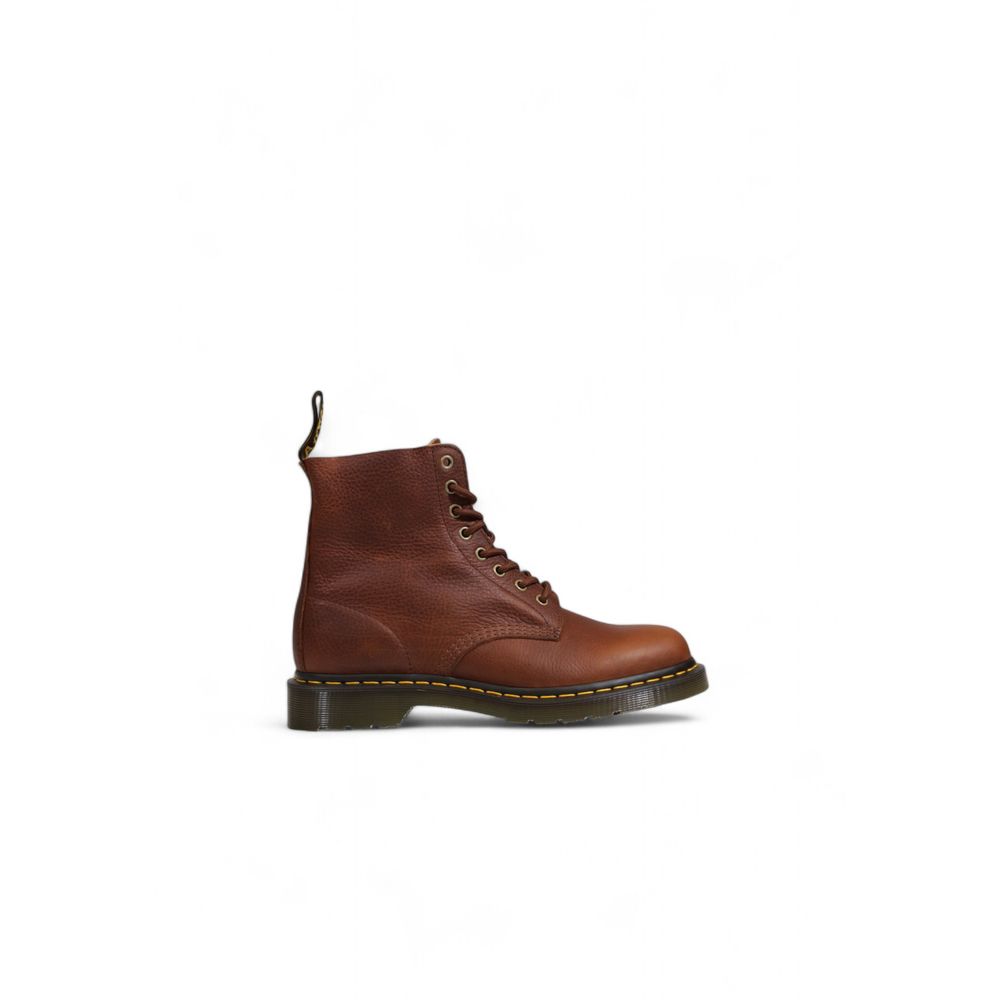 Dr. Martens Brown Leather Athletic boot with pebbled finish, 8-eyelet design, yellow stitching, and durable rubber sole