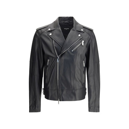 Dsquared² Black Calf Leather Bos Taurus Biker Jacket with lapel collar, double-breasted zipper, and buckle straps.