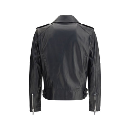 Back view of Dsquared² Black Calf Leather Bos Taurus Biker Jacket with lapel collar and zippered sleeve detailing
