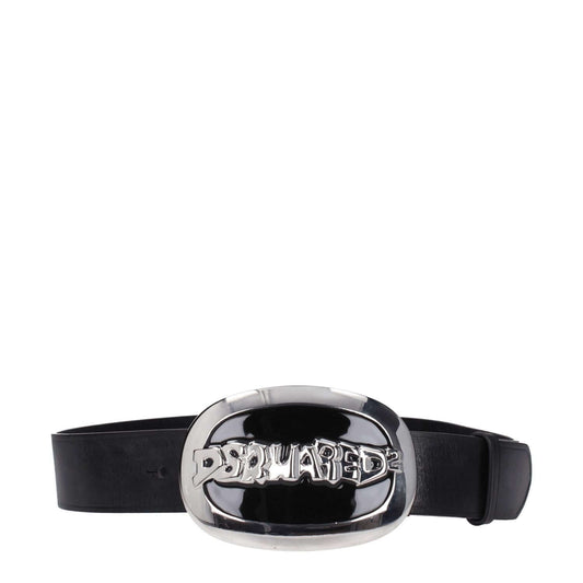 Dsquared² Black Leather Belt with silver buckle, vintage effect, logo, and hook closure, style Country, belt height 4.3 cm.