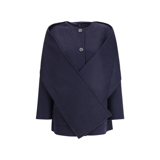 Dynamis Studio Blue Wool Coat with removable scarf panel, crew neck, button closure, and front pockets. Oversize fit, 100% wool.